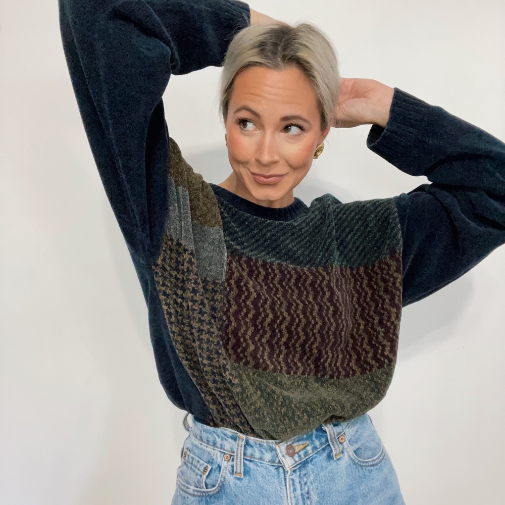 VINTAGE Patchwork Chenille Grandpa Core Grunge 90s Oversized Slouchy Sweater